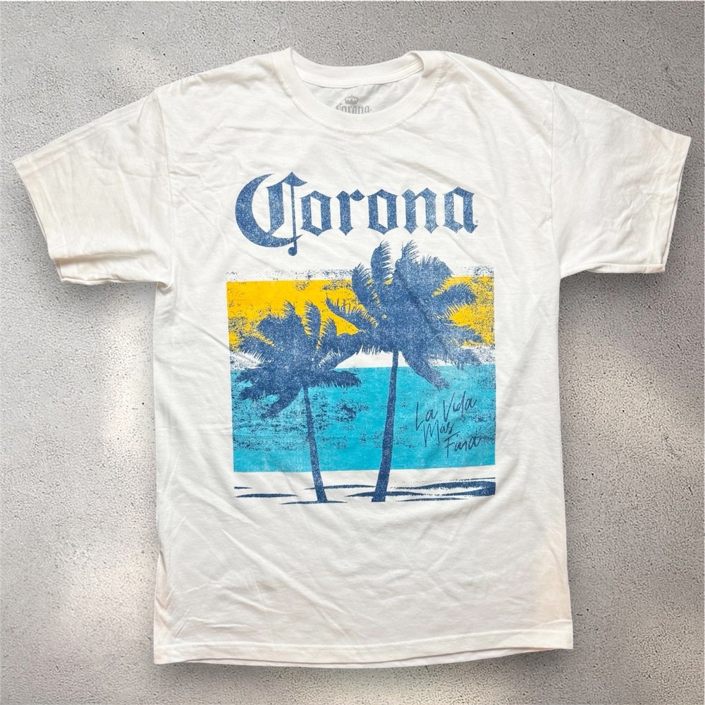 Corona Extra Mens Graphic T-Shirt White La Vida Mas Fina Palm Trees Size M